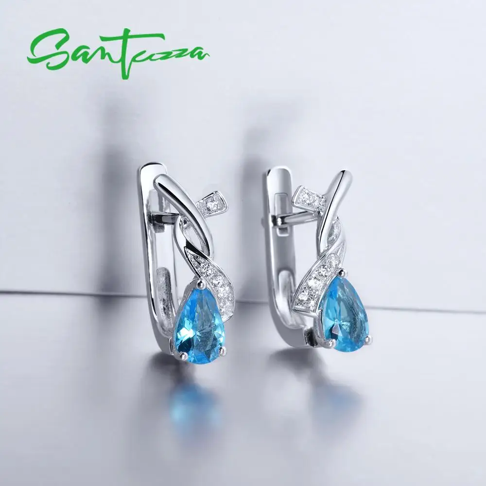 SANTUZZA серебряные серьги для женщин из натуральной 925 пробы Серебряная груша волшебный Синий Кристалл Кубический цирконий элегантные ювелирные изделия