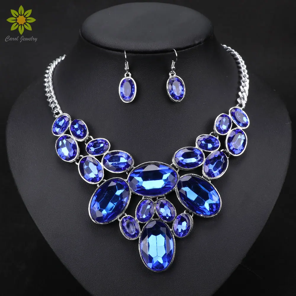 Модные женские свадебные ожерелья серьги наборы посеребренный воротник колье со