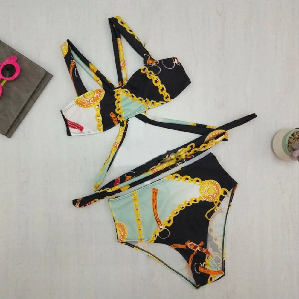 Женский бандажный купальник бикини в западном стиле с принтом и высокой талией