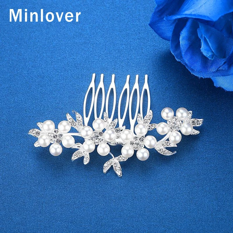 Minlover Роскошные Имитация Перл невесты гребни серебро цветная шпилька листьев