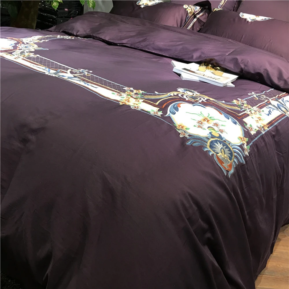 New purple Chinese Wedding Embroidery Luxury Egyptian Cotton Bedding set 4Pcs Queen King size Duvet cover Bed sheet Gifts | Дом и сад