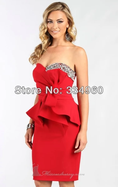 Sexy Sweetheart Neckline Pleat Short Red Rhinestone Peplum Dress Bow Column Cocktail Dresses Party Gowns | Свадьбы и торжества