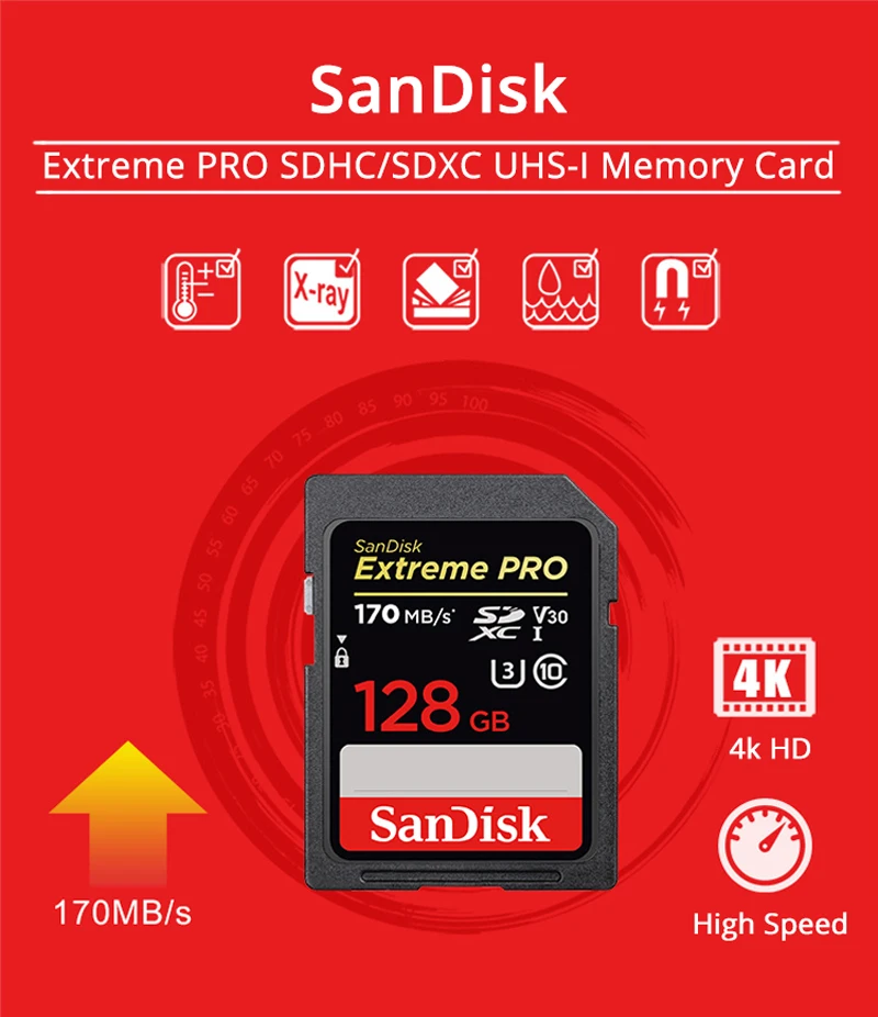 SanDisk Extreme PRO SD карта 64 Гб флэш-карта памяти 128 ГБ SDXC карта камеры U3 класс 10 UHS-I V30 170 МБ/с./с 4K UHD для цифровых зеркальных фотокамер