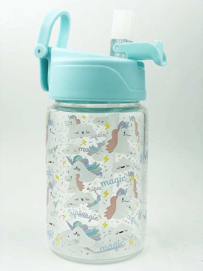 Unicorn green Милый Единорог стеклянная бутылка для воды спортивная силиконовая всасывающая насадка Кристалл Портативные Детские бутылки для воды необычная фляга Спорт - Color: Unicorn green