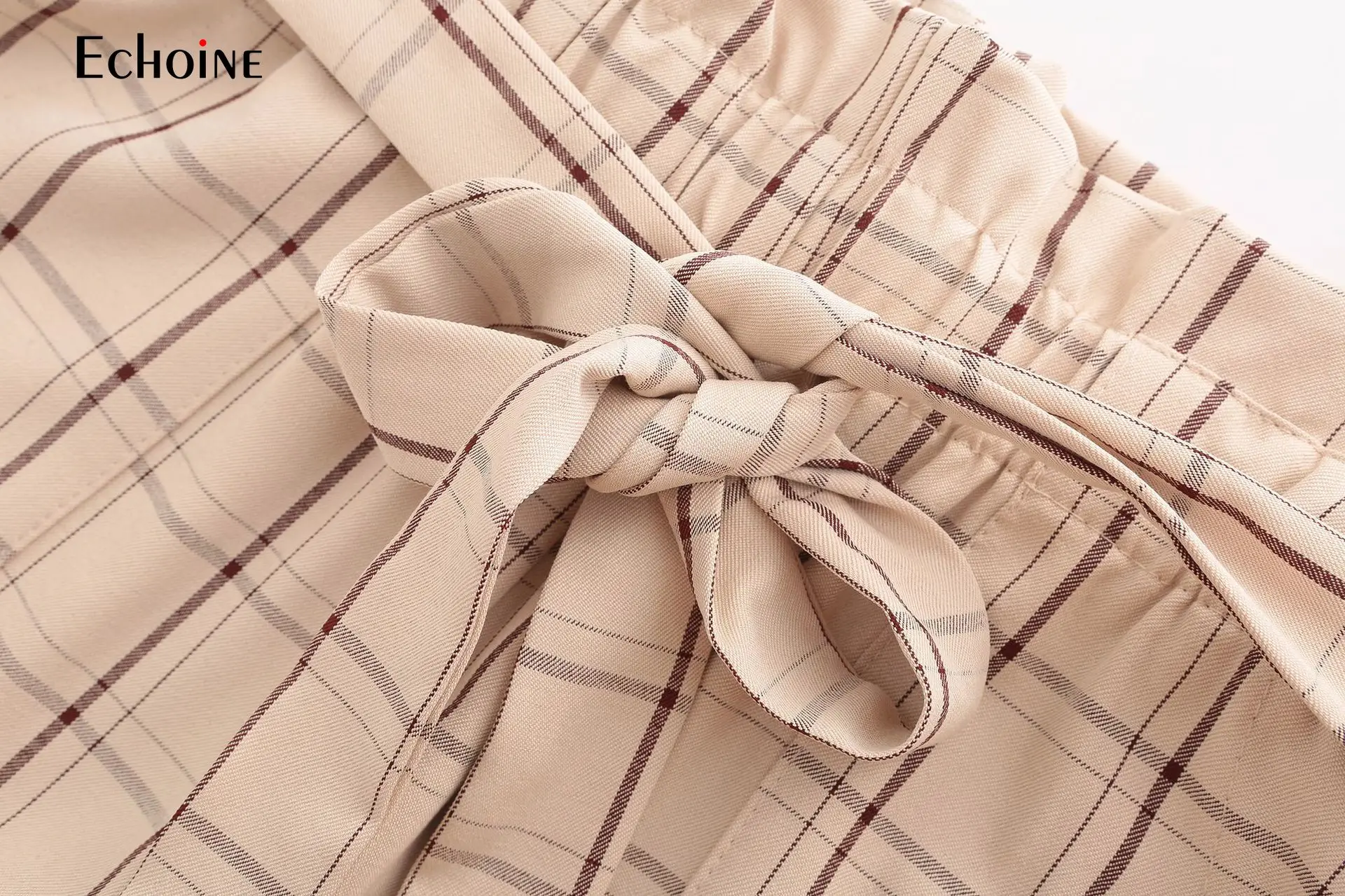 2019 новые женские клетчатые повседневные Прямые брюки офисные с бантом на талии