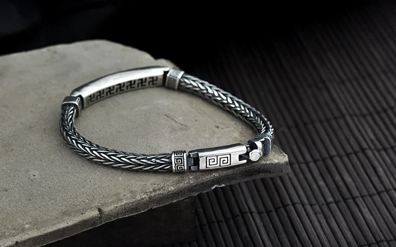 Pure 925 Sterling Silver Men Bracelets Vintage Punk Rock Hand-woven Personality Bracelets Thai Silver Fashion Jewelry Best Gifts