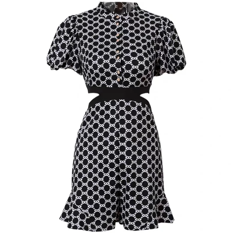 Pinkoz Short Sleeve Hollow Jumpsuit Puff Sleeve Polka Dot Jumpsuit Slim Sexy New Runway Design Playsuit Rompers Overalls - Цвет: Черный