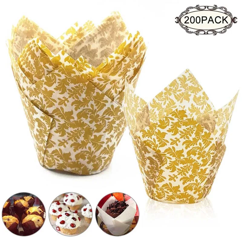 White Gold Leaf 200 шт./лот тюльпан Бумажные Формочки Для Выпекания маслостойкая выпечка кексов вкладыши держатели обертка для кексов стаканчики для кексов, булочек для свадебной вечеринки декор - Цвет: White Gold Leaf