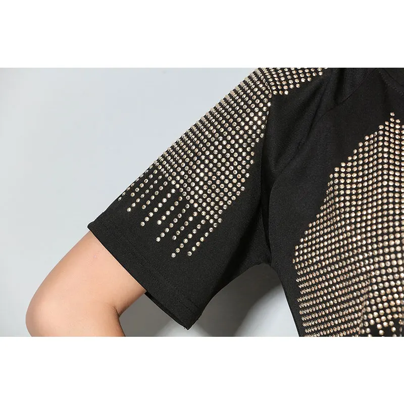 Женское платье рубашка с коротким рукавом черное заклепками и стразами