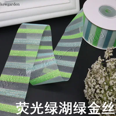 Флуоресцентный желтый Kewgarden Wholesale Rainbow Stripe Lace Snow Gauze Ribbons 38mm 1.5" Gold Sliver Line Handmade Tape DIY Bowknot Accessories 25Y - Цвет: Флуоресцентный желтый