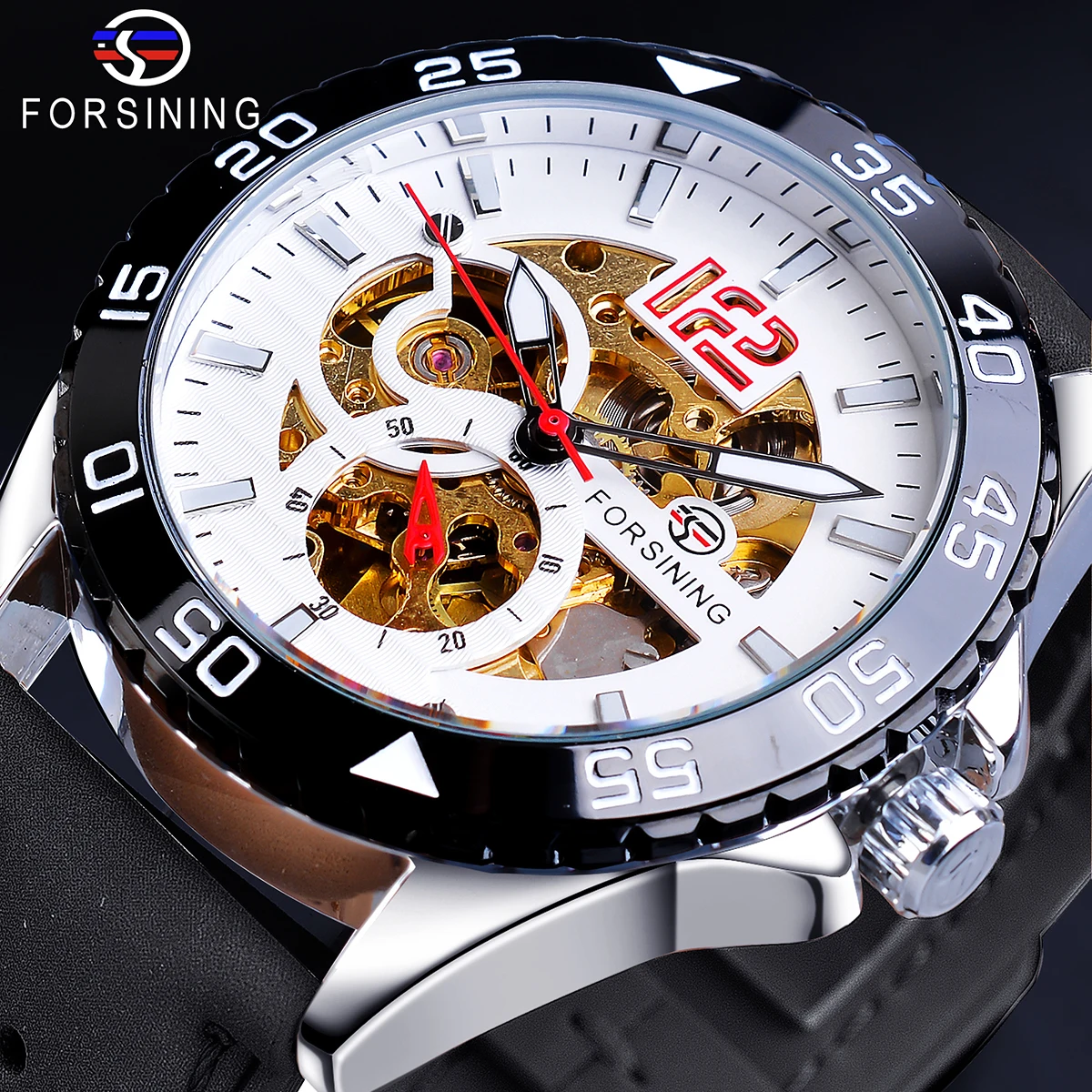Фото Forsining автоматические часы для мужчин гоночный Белый спортивный полый Скелет дизайн пояса из натуральной