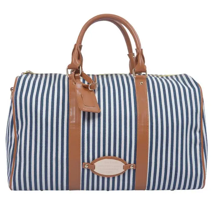 Прочный холст и ПУ кожаная дорожная сумка полосатый lesure холщовый мешок большой