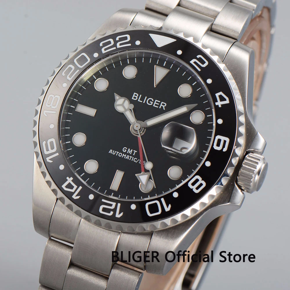 Мужские часы BLIGER GMT черный циферблат светящийся сапфировое стекло