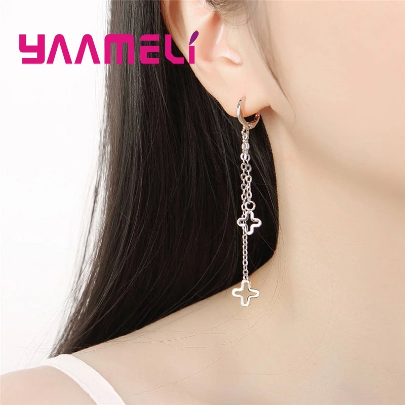 

New Fashion Geometric Crossing Hollow Design Double Chain Earring Woman Girls Favorite Valentines Day Gift 925 Sterling Silver