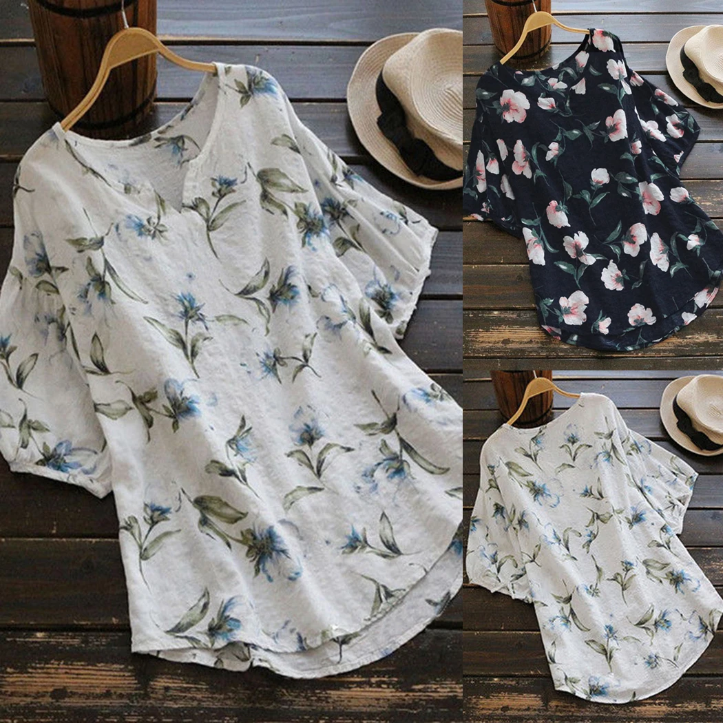 Винтажная блузка Женская Туника большого размера из льна и хлопка с цветочным