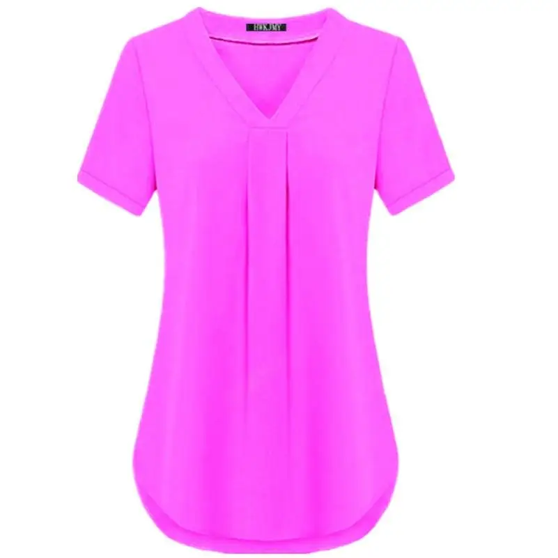 Rosy Большие размеры, S-6XL, модная женская летняя шифоновая футболка, сексуальный v-образный вырез, короткий рукав, одноцветная футболка, топ, Повседневная Свободная плиссированная блузка - Цвет: Rosy
