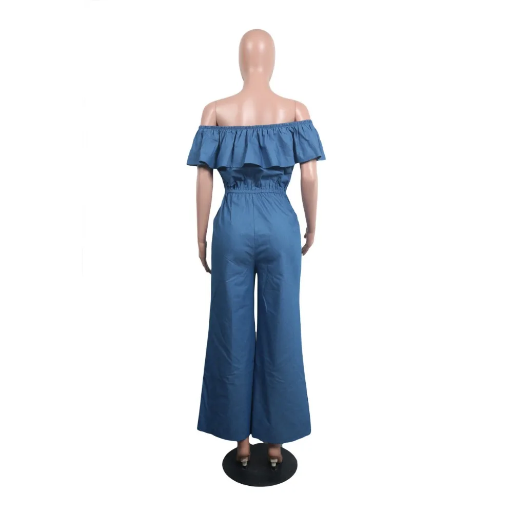 

Strapless Ruffed Neck Women Denim Color Outfits Loose Causal Women Jumpsuits