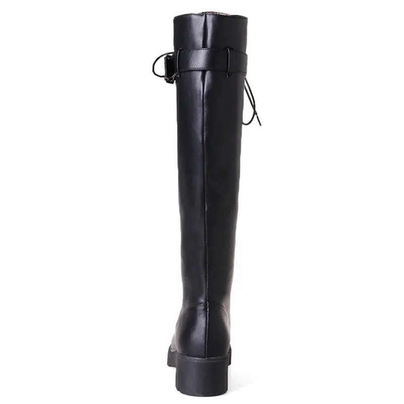 

Fanyuan 2018New Designer Women Square Low Heel Riding Motorcycle Heel Knee High Boots Punk Gothic Platform Lace Up Shoes Siz