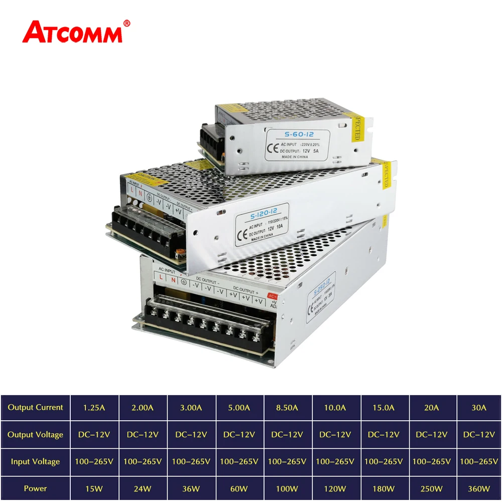 2A 3A 5A 8A 15A 20A 30A светодиодный светильник ing трансформаторы AC/DC 12V Мощность адаптер Светодиодные ленты светильник Питание 60W 100W 120W 180W 250W 360W