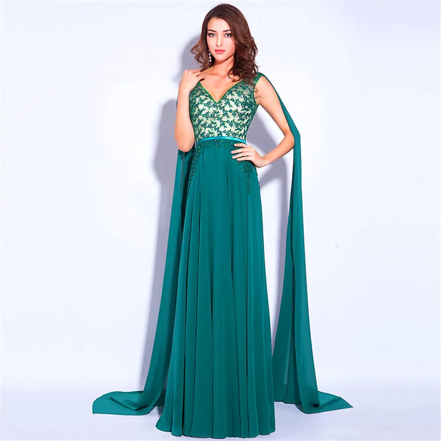 chiffon applique beading v-neck green long evening dress with straps formal party vestidolongo | Свадьбы и торжества