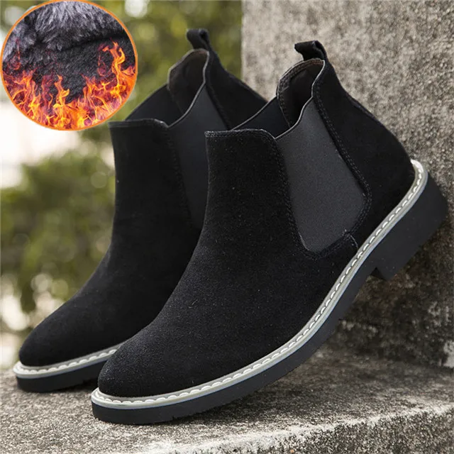 Black Boots Merkmak/зимние мужские теплые ботинки; однотонные повседневные теплые ботинки на меху; мужская кожаная обувь без шнуровки; нескользящие мужские ботинки на плоской подошве; большие размеры 38-46 - Цвет: Black Boots