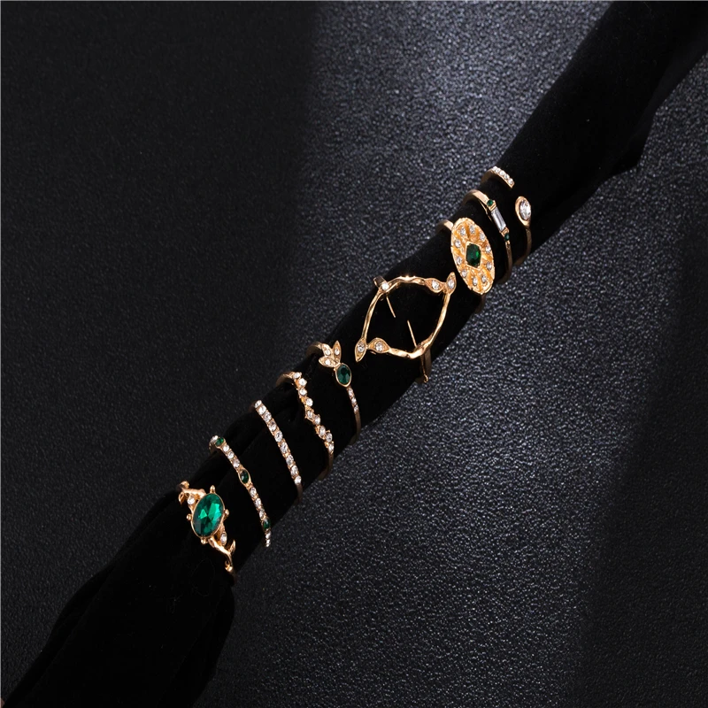 HuaTang Bohemia Green Rhinestone Flower Crystal Wave Ring Set for Women Geometric Knuckle Midi Engagement Rings Jewelry 7120 | Украшения и