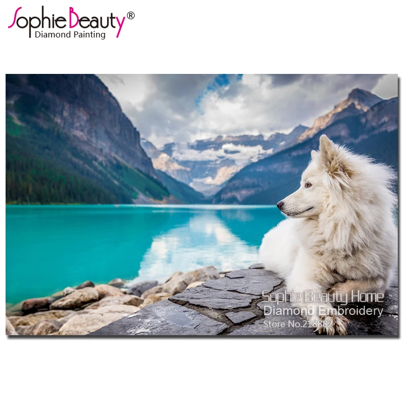 

Картина из страз «сделай сам» Sophie Beauty, вышивка крестиком из страз, ручная вышивка, мозаика с изображением озера, Белого Волка, подарки для комнаты с животными, SBY31