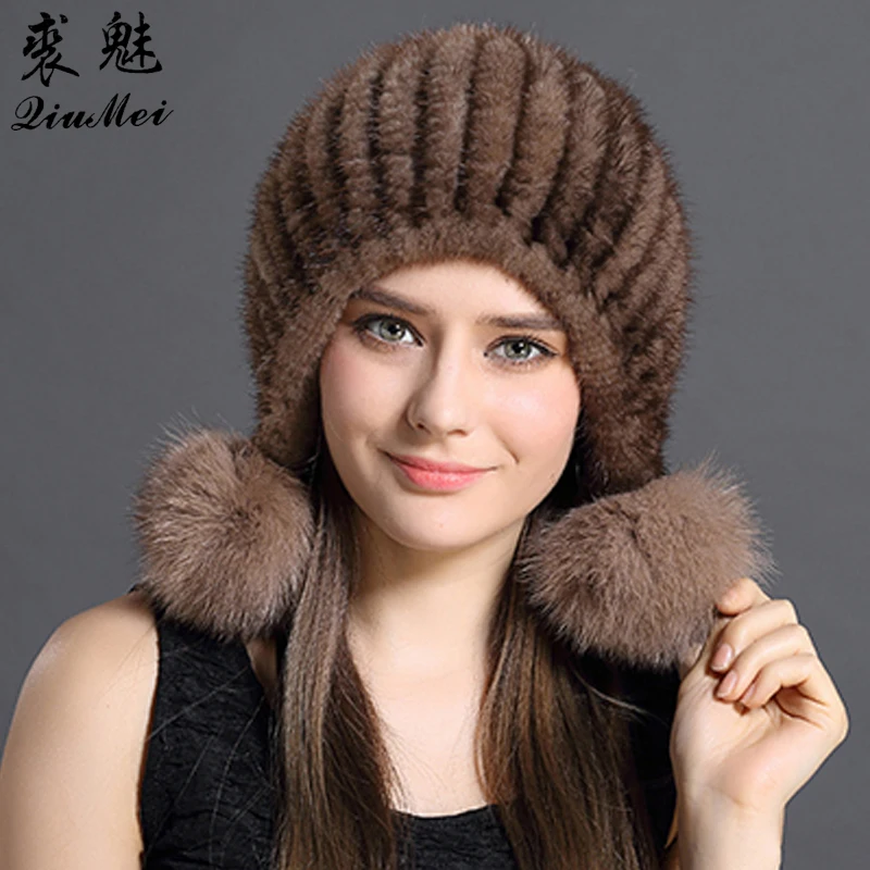 Женская зимняя шапка меховая из натуральной норки вязаная с защитой ушей и