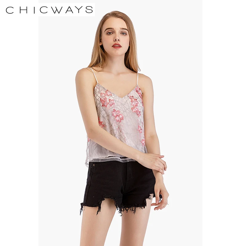 CHICWAYS Fashion heavy Lace Embroidered Flower Tops Women Strap Mesh Camis Bauhinia Beach V-neck Short Vest Loose Tank Top | Женская