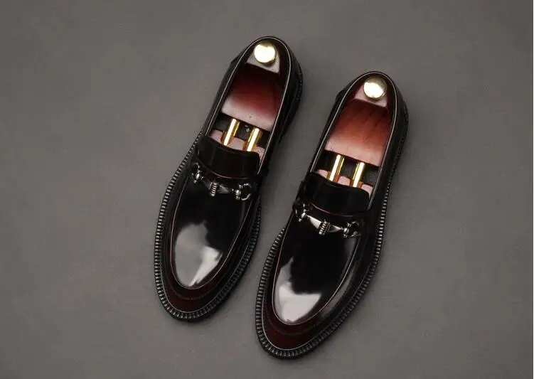 

Dress shoes men slip on flats loafers summer moccasins genuine patent leather buckle mix colour platform height increasing shoe