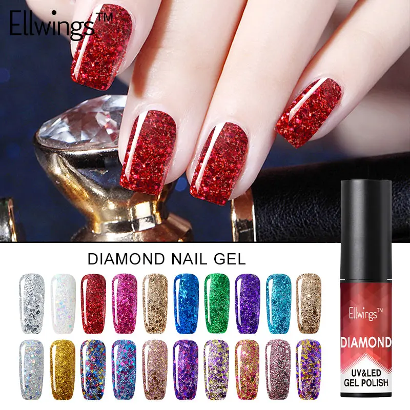 Ellwings Lucky Красочные Алмазный Блеск Гели для ногтей Польский сверкающих Лаки Soak Off UV