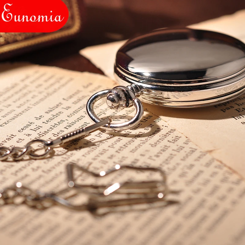 Простые серебряные блестящие Механические карманные часы с цепочкой для ключей