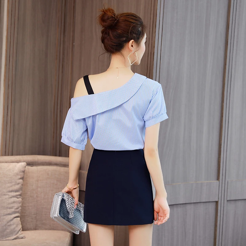 

Summer new two-piece clothing set fresh suit women blouse top shorts outfit lady vestido vogue design belt stripe shirt SALE