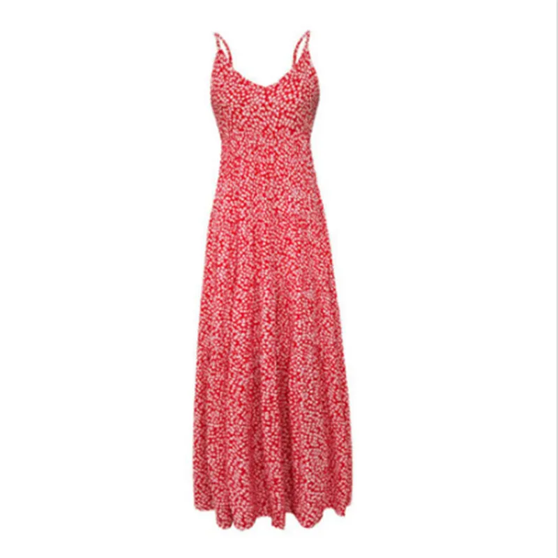 Summer Beach Long Dress Women Floral Print Boho Red Blue Maxi Casual V-Neck Sexy Spaghetti Strap Dresses For | Женская одежда
