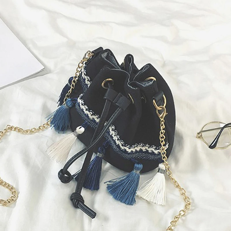 Весенне летняя модная Парусиновая Сумка ведро в этническом стиле с кисточками и