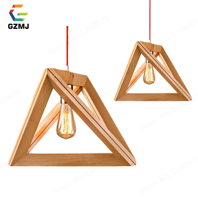 

GZMJ Country Wood LED Pendant Lights 85-265V Triangle Loft Hanging Lamp Bedroom Living Room Dining Room E27 Creative Hanglamp