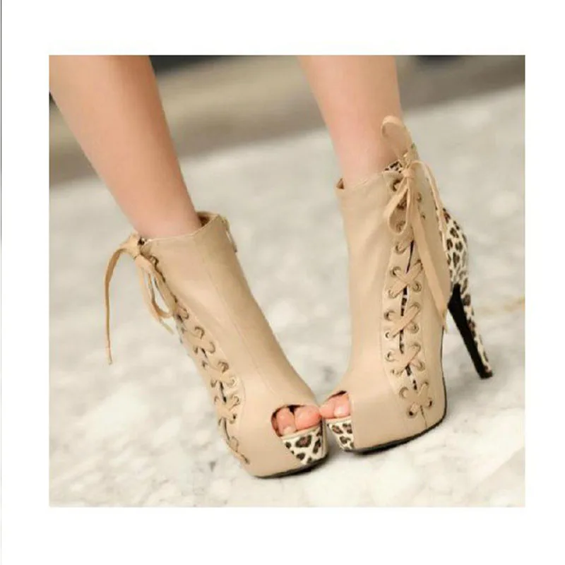 

Khaki Leopard Print Boots Spring, Autumn, Winter Party, Night club, Music festival Side Lace up Peep Toe Booties with Platform
