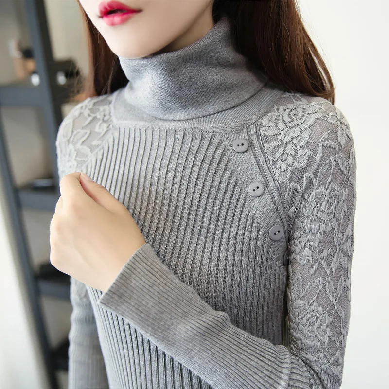 Autumn Winter Women Turtleneck Sweater New Lace Panel Long Sleeve Pullover Pull Knit Bottoming Shirt Elegant Female Tops | Женская