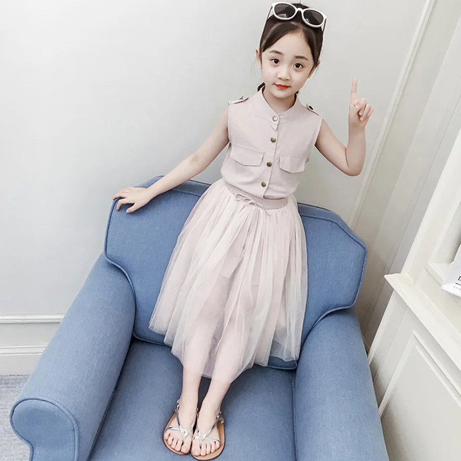 Комплект одежды для девочек однотонный жилет + сетчатая юбка комплект из 2