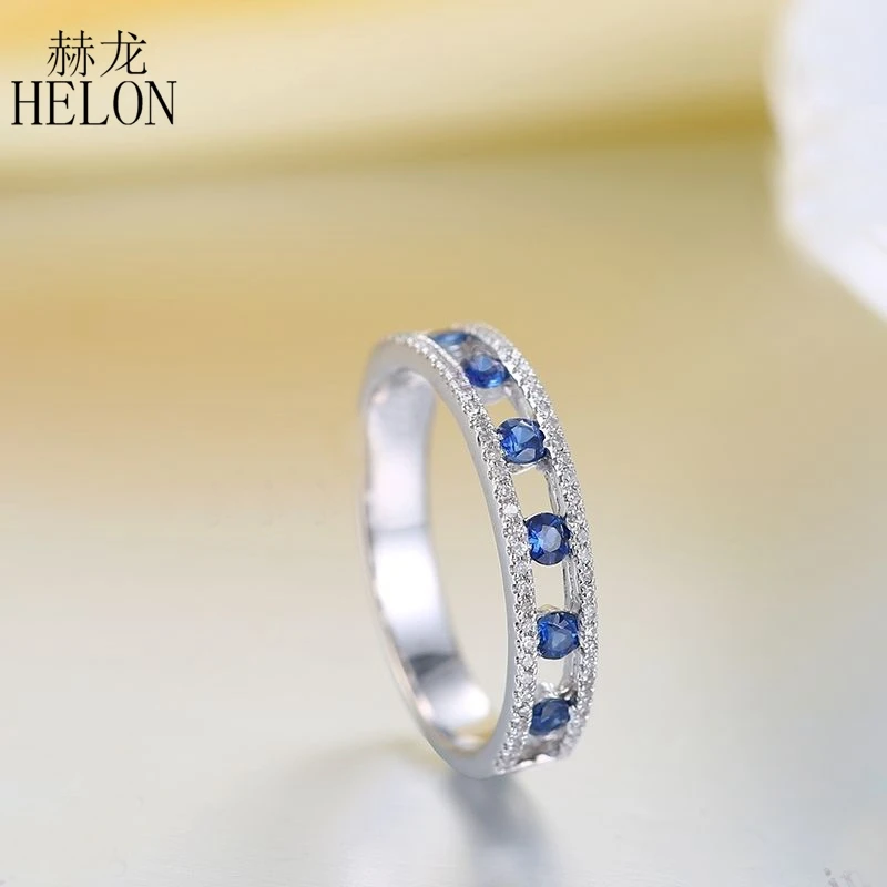 

HELON Diamonds Ring Solid 18K White Gold 0.6ct Diamonds Natural Sapphires Wedding Ring Engagement Band Women Gemstone Jewelry
