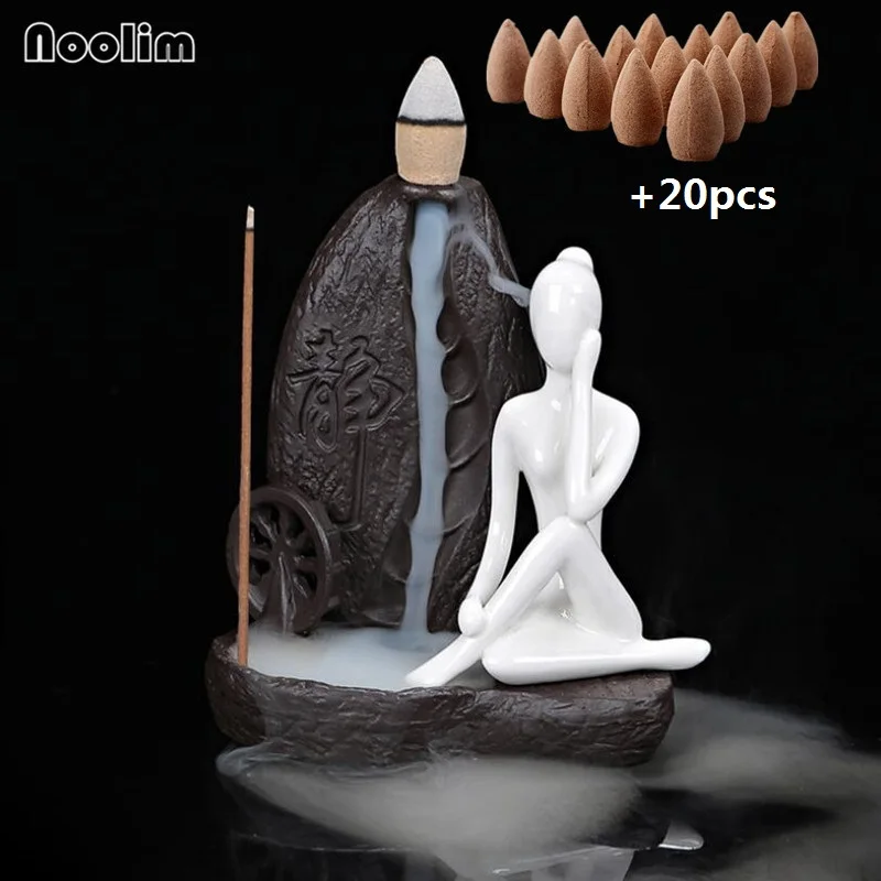 C 20 шт натуральный сандаловое дерево+ 1 шт горелка маленький монах кадило в виде маленького Будды керамический обратный поток ладан горелка держатель домашний декор - Цвет: C