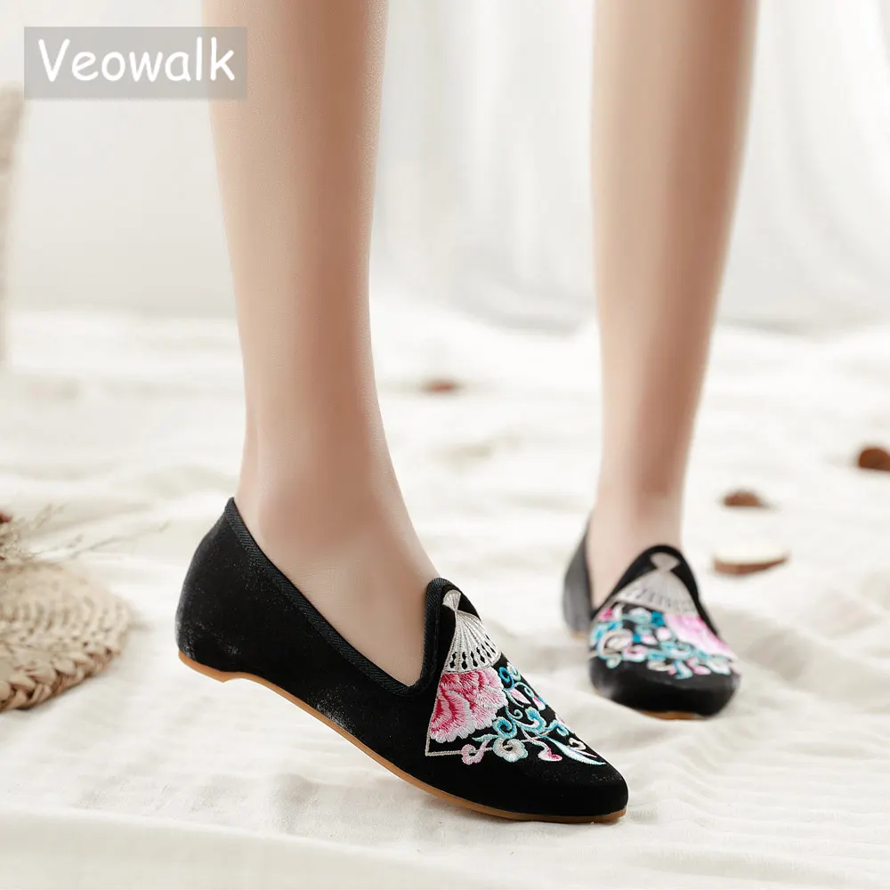 Женские хлопковые балетки Veowalk с острым носком и вышивкой|Обувь без каблука| |