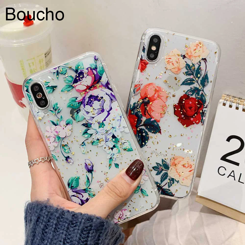 Силиконовый чехол Boucho для iPhone 8 Plus Золотой блестящий с цветами из фольги 7 XS Max XR 6s 6