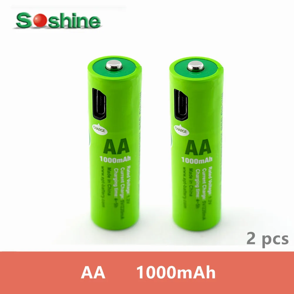 Оригинальный бренд Soshine 2 шт. USB AA 1000 мАч NiMH перезаряжаемая батарея со встроенным