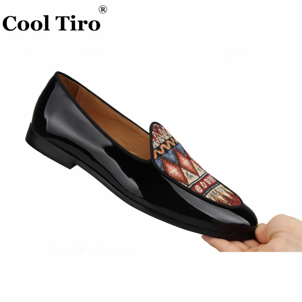 COOL TIRO new black Patent Leather stitching with Ethnic style pattern canvas loafers Banquet Wedding dress slip-on men shoes | Обувь