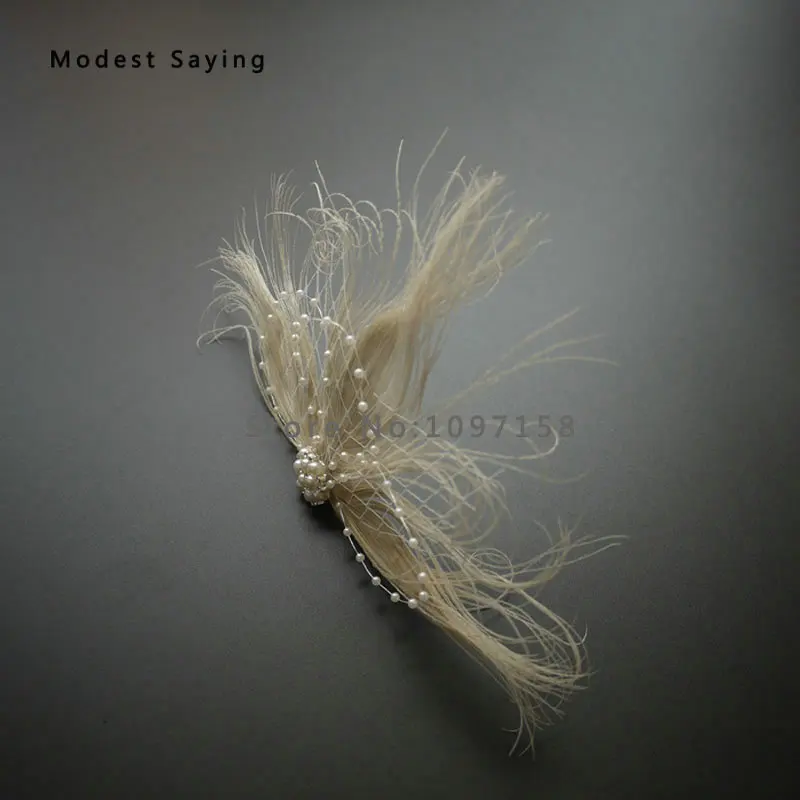

Real Photo 20cm Vintage Beige Feather Wedding Clips with Pearls Bridal Headwear for Women Wedding Accessories accessoire mariage