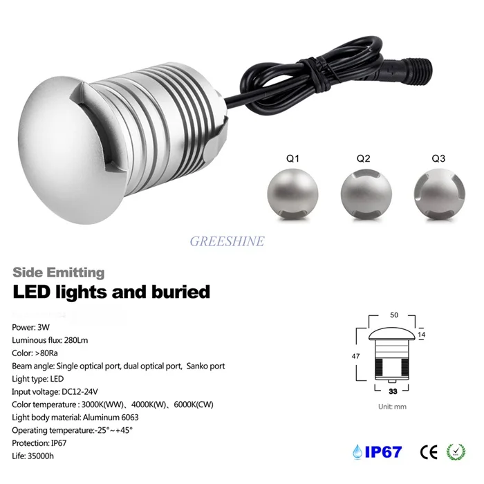 Боковое излучение 12 24 В 3 Вт IP67 LED подземный свет уличное ландшафтное освещение