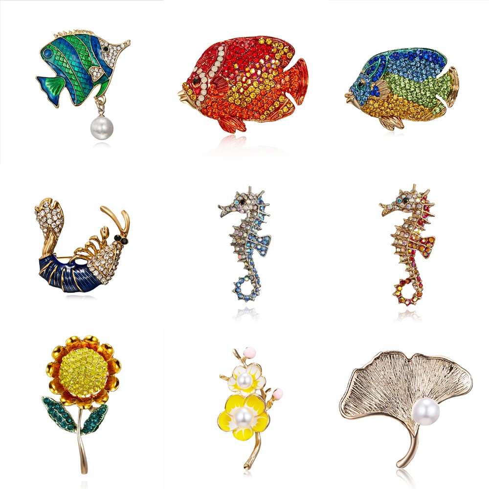 

Rinhoo Rhinestone Enamel Tropical Fish Shrimp Seahorse Brooches Pins Women Fashion Wedding Party Girls Best Gift Accessories