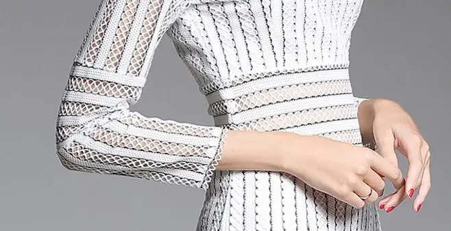 

New Autumn Brand Designer White Lace Runway Dress 2018 Women Elegant Striped Tassel Slim Bodyccon Party Dress