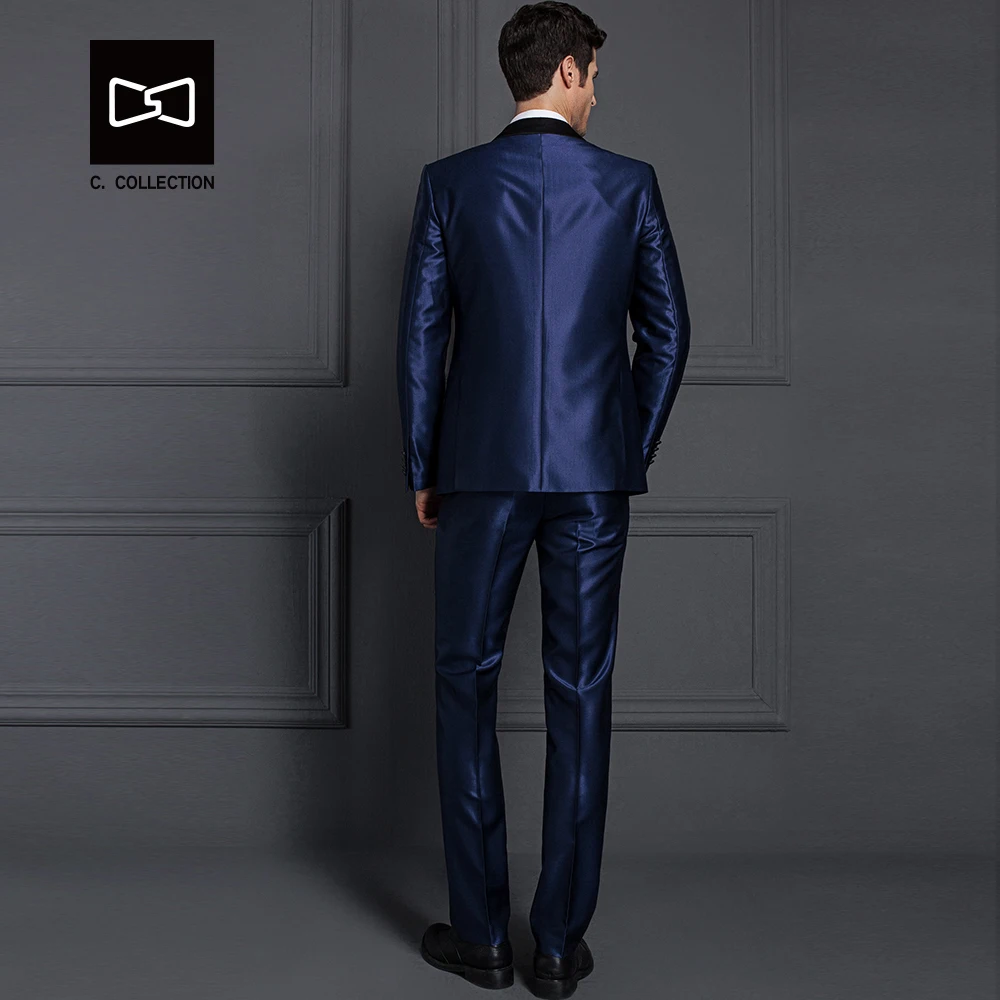 Индивидуальный мужской темно синий костюм Сияющий приталенный Свадебный для